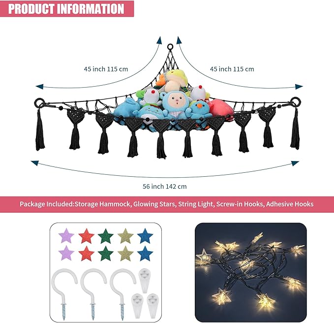 iHansee Stuffed Animal Storage Hammock, 56'' Jumbo Boho Macrame Tassels Corner Toy Holder Wall Hanging Net Organizer for Nursery Teddy Plushie, Black Plush Toy Net with Star Light for Boys Girls Gift