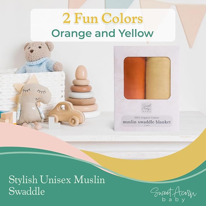 Sweet Acorn Muslin Swaddle Blanket – Soft Cotton Muslin Baby Blanket for Newborns, Infants, and Toddlers, All-Season Comfort Baby Essential - Orange, Yellow