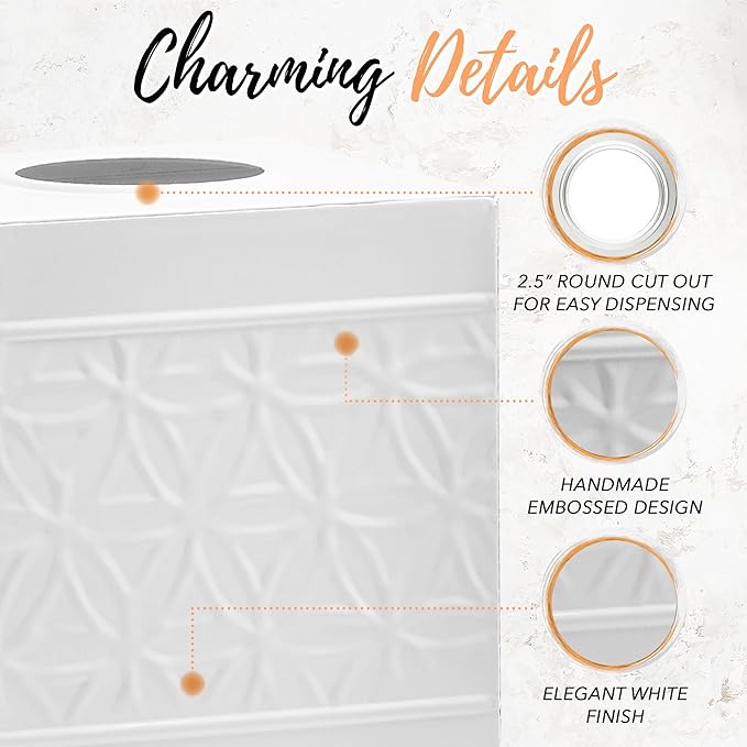 Autumn Alley White Tissue Box Cover Square, Bathroom Accessories, Decorative Tissue Holders for Bathrooms, Bedroom, Kitchen with Embossed Pattern Tissue Holders Decorative, Modern, White