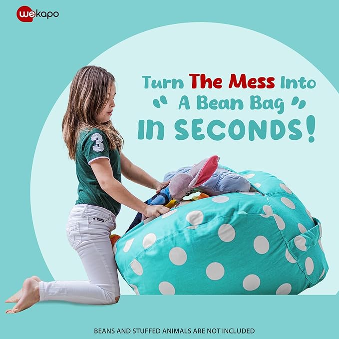 WEKAPO Stuffed Animal Storage Bean Bag Chair Cover for Kids | Stuffable Zipper Beanbag for Organizing Children Plush Toys Large Premium Cotton Canvas (AquaDot, X-Large)
