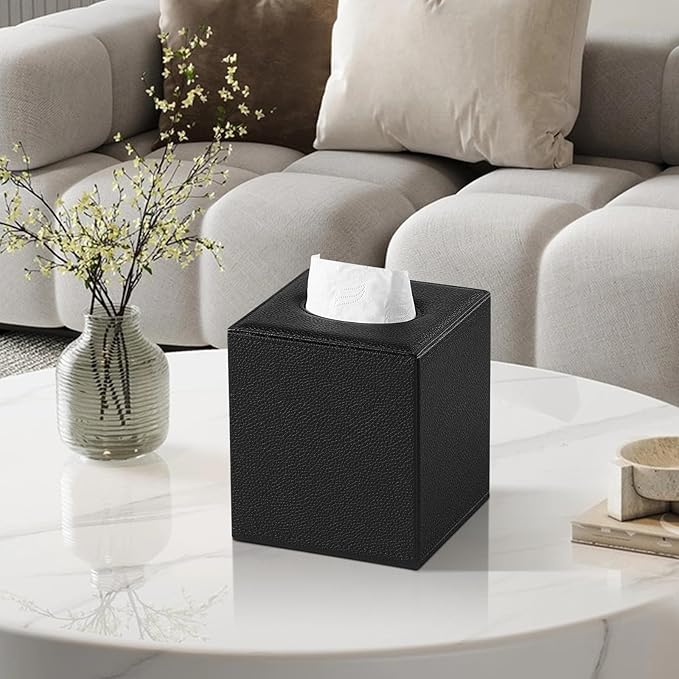 JLAMBOM PU Leather Tissue Box Cover Square Tissue Box Holder with Magnetic Closure, Decorative Tissue Holder for Bathroom Bedroom Office (Black)