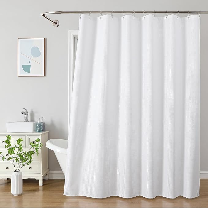 THAIGEE 2-in-1 Waterproof Fabric Shower Curtain - No Separate Liner Needed, Hotel-Style Waffle Weave, Effortless Cleaning & Washable Bathroom Shower Curtain Set,72Wx84H,White