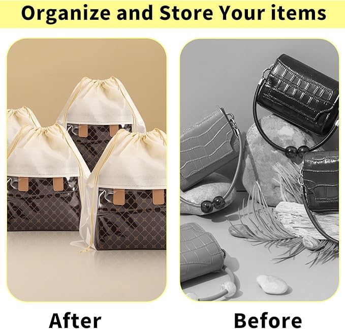 Bgtecho 12 Pcs Shoe Bags for Travel, Dust Bags for Handbags, Dustproof Drawstring Bags in 4 Size, Breathable Non Woven Fabric Storage Bag for Handbags Shoes Purses, Beige