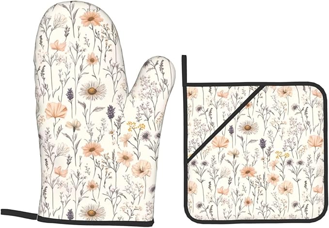 Oven Mitts and Pot Holders Sets of 4 Vintage Botanical Flower Leaf Kitchen Potholder Gloves Heat Resistant Non-Slip for Chef Baking Cooking Grilling BBQ Mittens