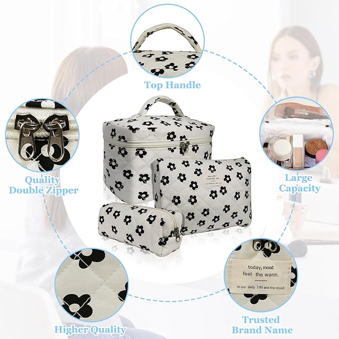 Gosect 3pc Makeup Bag Set, Quilted Makeup Bag Set, Large Floral Cosmetic Bag for Women, Cute Cotton Makeup Bags, Flower Travel Toiletry Organizer Bag (Black Flowers)