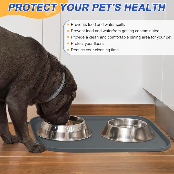 SMILOOL Silicone Pet Feeding Mat with Raised Edge for Food and Water, Dog Bowl Mats, Cat Bowls Placemat with High Lip for Floor Waterproof, Rubber Tray for Cats and Dogs 19 x 12 x 0.7 Dark Grey