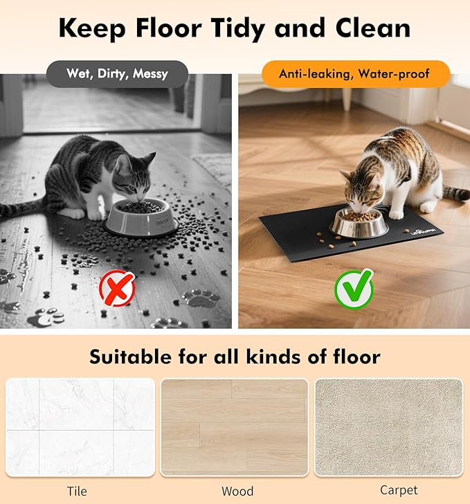 UPAWPIA Pet Food Mat Absorbent Cat Food Mat Dog Mat for Food and Water Quick Dry No Stains Dog Feeding Mat Placemat for Messy Drinkers Cat Food Mats for Indoor Cats Bowl Mat Pet Supplies 12"X20" Black