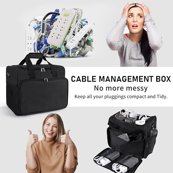 LOTCAIN Cable Organizer Bag,Cable Management Box Cord Organizer Case,Electronics Cord Storage Bag with Adjustable Divider Large Cable Storage Bag Carrying Case for Cable, Cord,Power Strip