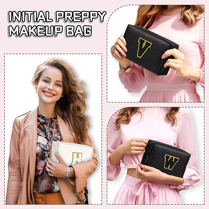 TOPEAST Initial Cosmetic Bag, PU Leather Waterproof Travel Toiletry Bag, Monogrammed Gifts for Women, Personalized Birthday Gift for Sister Friends, Cute Stuff for Girls (Black K)