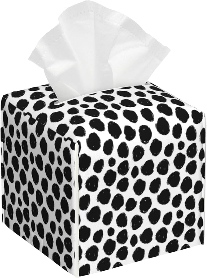 Abstract Black Dots Tissue Box Cover Square,Tissue Box Holder with Belt Bottom,Stylish Leather Napkin Holder for Vanity Countertop,Nightstands,Office Desk,5.2"×5.2"×5.2"