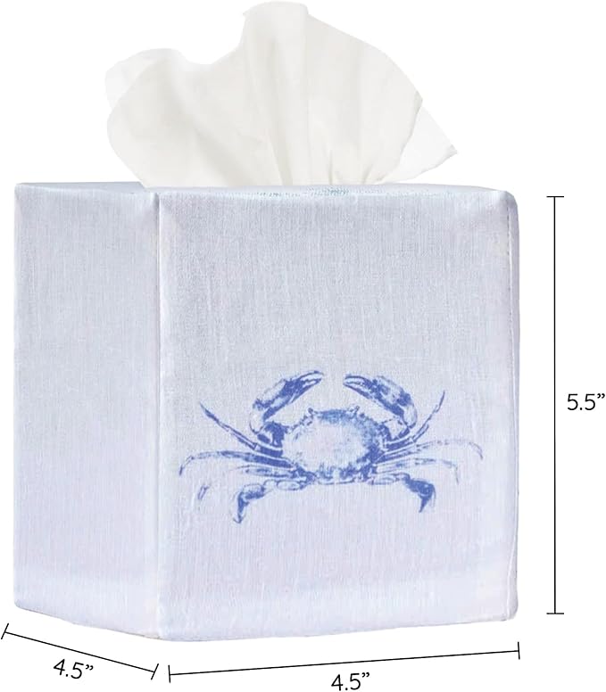 EmbroideryLinen.VN Tissue Box Cover Set of 2, Square Linen Tissue Holder, Printed Animal Pattern, 4.5x4.5x5.5 Inches, Decorative Holder for Bathroom, Living Room, Office (Blue & Green Crab)