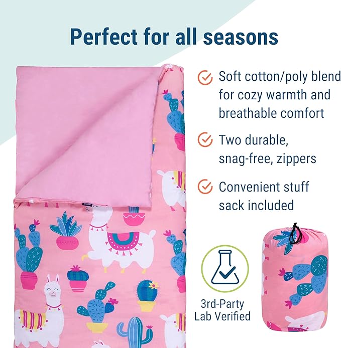 Wildkin Kids Sleeping Bag – Roll-Up Design with Storage Bag for School, Travel & Camping - Llamas and Cactus Pink