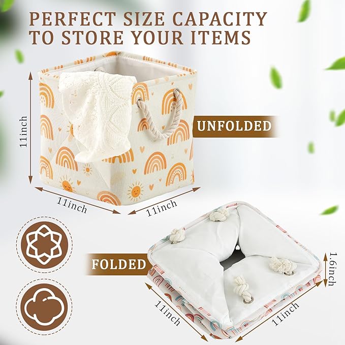 Geiserailie 6 Pcs 11 x 11 Inch Cube Storage Bins Fabric Storage Organizer Bins Foldable Cube Baskets with Sturdy Carry Handles Wicker Baskets for Home(Boho Rainbow)
