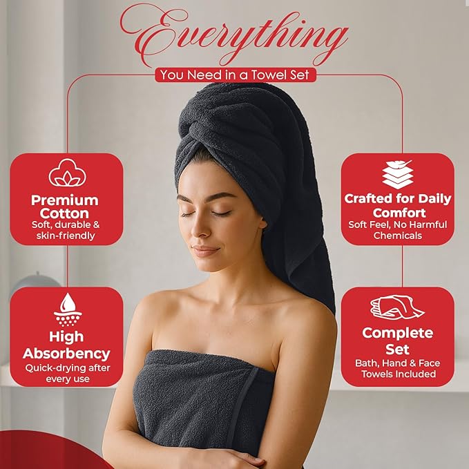 RIVERSIDE Pack of 8 Towels Set, 2 Large Bath, 2 Hand, 4 Face Washcloths, 100% Cotton Hotel Quality, Super Soft, Quick Dry, Highly Absorbent Perfect for Bathroom, Charcoal