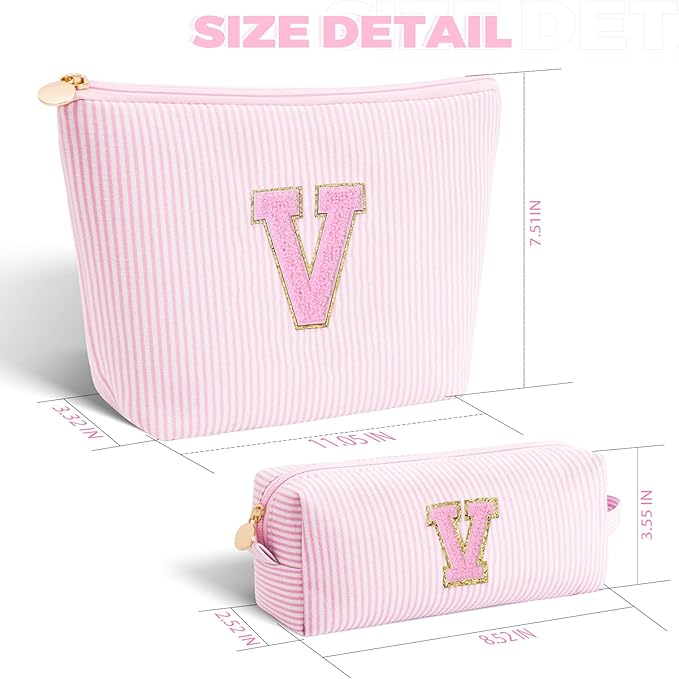 Btffitting Personalized Makeup Bag for Women Girls - Fashion Cosmetic Bag Trendy Travel Toiletry Bag with Initials Letter - Teen Gifts - Pink,V