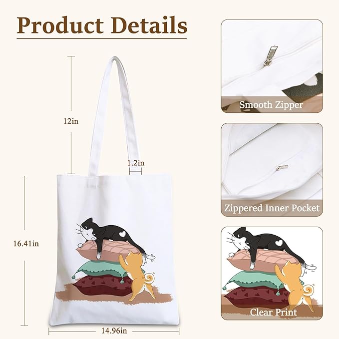 GICDSU Black Cat Cotton Canvas Tote Bag with Zipper, Reusable Grocery Bags, Beach Foldable Tote Bag for Women, Funny Totebag with Inner Pocket for Shopping Travel Gym Work