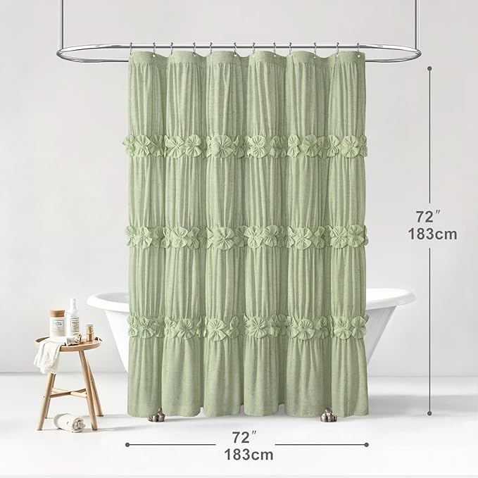 XOGUIBO Ruffle Shower Curtain with Handmade Bow Tie, Green Linen Vintage Farmhouse Shower Curtain for Bathroom, 72" W x 72" H