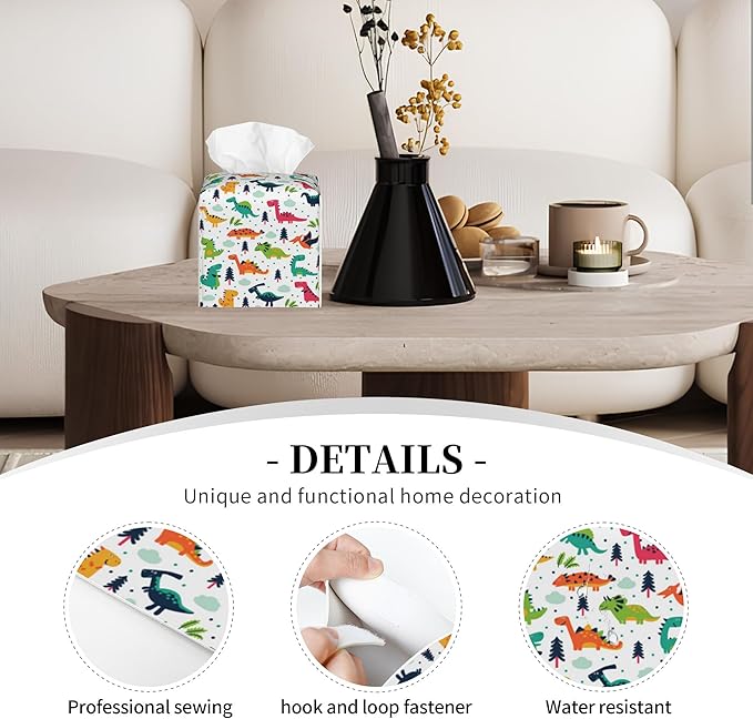 POIUBLE Leather Tissue Box Holder Cartoon Dinosaur Tissue Box Cover Square Waterproof Tissue Holder Organizer Modern Napkin Holder for Bedroom Dresser Night Stand Office Desk