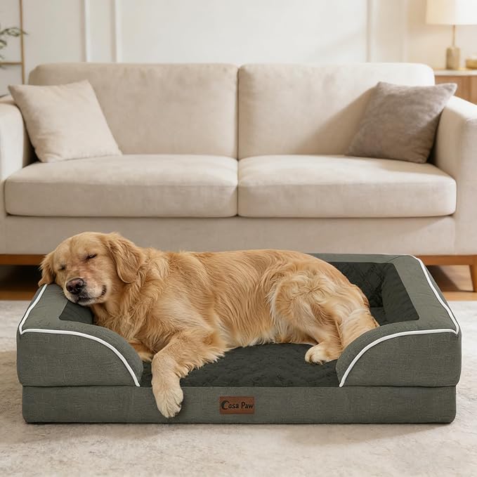 Casa Paw Orthopedic XL Dog Beds, Waterproof Memory Foam Big Pet Bed for Extra Large Sized Dogs 45x35Inch, Non-Slip Bottom and Egg-Crate Foam Dog Couch Bed with Washable Removable Cover, Dark Green