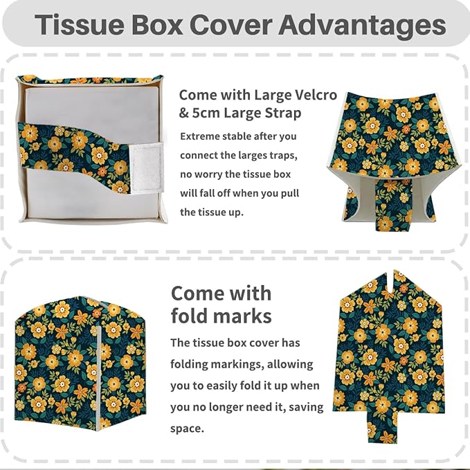 Tissue Box Cover, Tissue Box Holder, Square with Belt Bottom, PU Leather Decorative Organizer for Desk, Tabletop, Countertop Bathroom, Toilet Car, Office, Dresser, Aesthetic Yellow Flower Decor