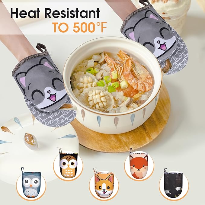 Mini Oven Mitts Cute,Silicone Oven Mitts Heat Resistant 500℉ with Non-Slip Grip and Soft Quilted Cotton Lining for Kitchen Cooking and Baking. Machine Washable-Cat