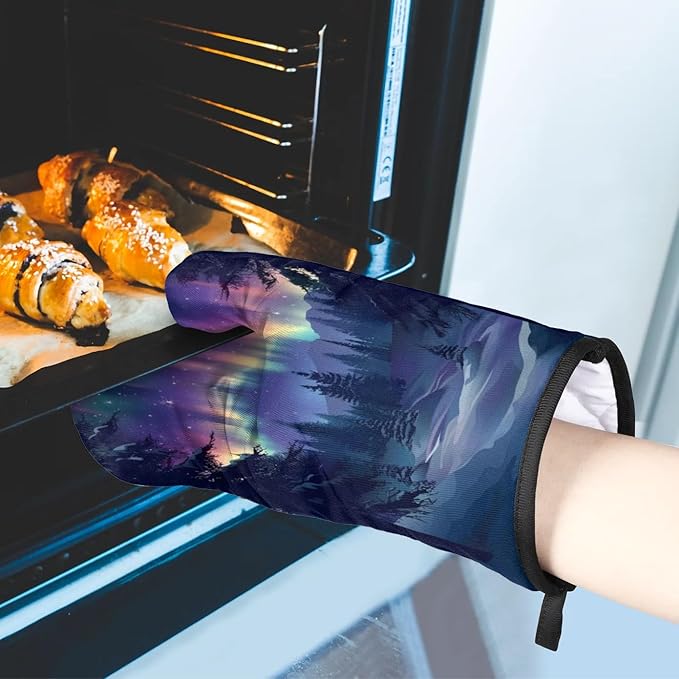 Northern Lights Oven Mitts and Pot Holder Set of 2, Kitchen Heat Insulation Pads Non-Slip Potholders Baking Gloves for BBQ Cooking Baking