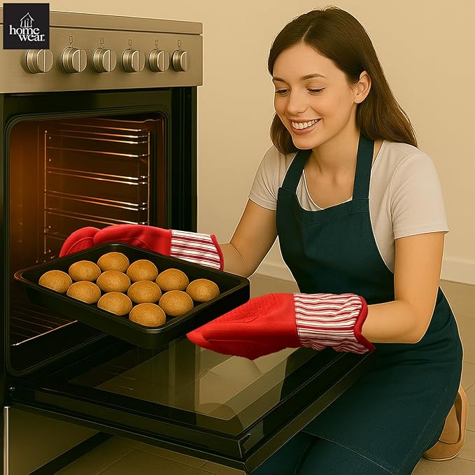 Homewear Marlow Silicone Extra Long Oven Mitt 2 Piece Set, Heat and Slip Resistant, Recycled Cotton with Soft Lining, Thick Kitchen Gloves for Cooking, Red