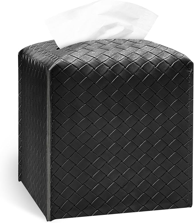 Tissue Box Cover Holder, PU Leather Tissue Box Cover with Braided Pattern, Square Tissue Holder with Bottom Belt, Modern Organizer for Bathroom, Car, Office, Tabletop(Black., 12 Braided Patterns)