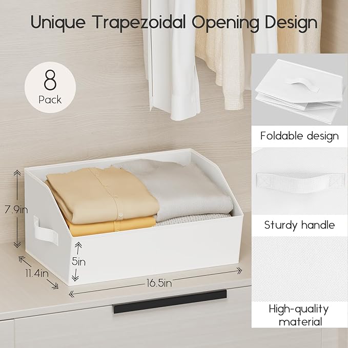 Homsorout Large Closet Organizers and Storage Bins - 8 Pack Trapezoid Storage Baskets for Shelves, Foldable Fabric Baskets with Handles Ideal for Closet, Basket, Wardrobe and Shelf Storage, Light Grey