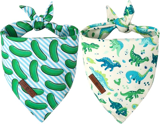 Lionet Paws Summer 2pcs Dog Bandanas, Dinosaur Dog Scarf Bib Premium Fabric, Cucumbers Blue Bandanas for Small Dogs Pets
