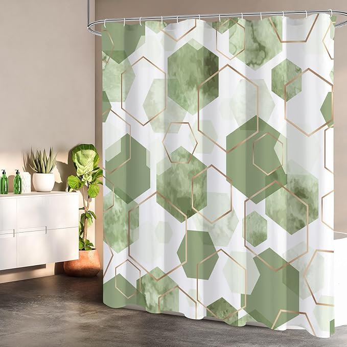 Litabel Sage Green Modern Shower Curtain for Bathroom, Geometric Art Decor Waterproof Bath Curtain, Abstract Fabric Shower Curtain Sets for Home Decor, 72x72 Inch