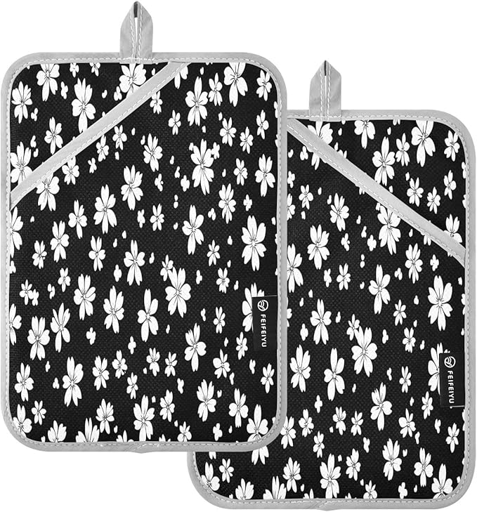 Pot Holders Set of 2 White Floral Hot Pads for Kitchen Heat Resistant Potholders Sets for Kitchen and Baking 7x9.8in