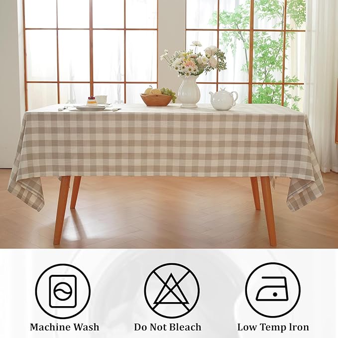 Alsoo Checkered Tablecloth Rectangle Washable Buffalo Plaid Table Cloth Cotton Linen Gingham Table Cover for Picnic Kitchen Dining Room, Beige and White, 60 * 120