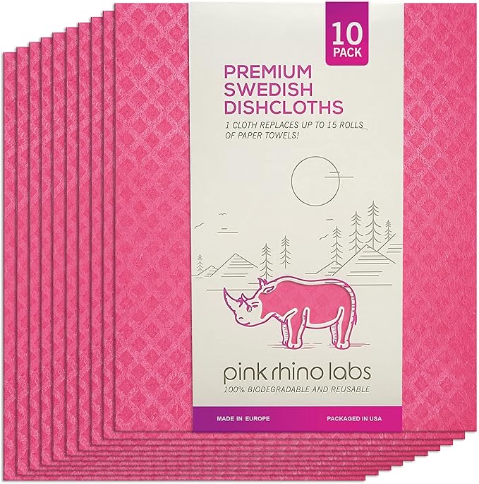 PINK RHINO LABS Swedish Dishcloths – Eco-Friendly Reusable Kitchen Towels – 10 Pack Cleaning Cloths for Dishes, Counters & Surfaces – Super Absorbent, Compostable, Zero-Waste Alternative