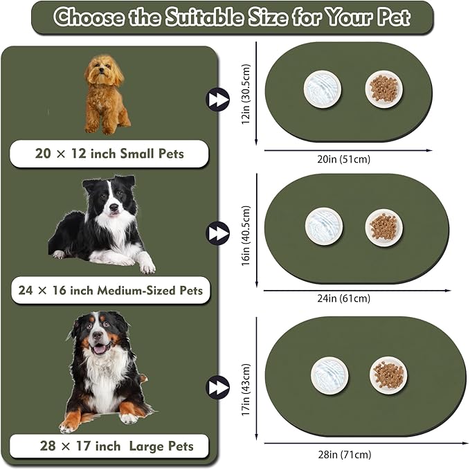 METEOROCK Pet Feeding Mat – 20''x12'' Absorbent Dog Food Mat, Pet Water Mats Protect Floor, No Stains Quick Dry Bowl Mats, Non-Slip Rubber Base Pets Placemats for Food and Water, Dark Green