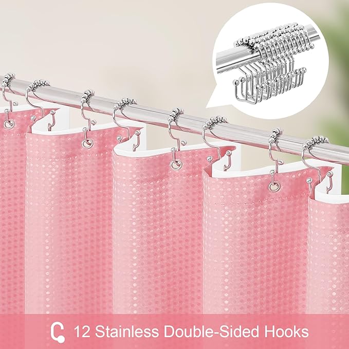 Craidlela 3 in 1 Shower Curtain Set, Pink Waffle Shower Curtain and PEVA Liner Set with 12 Stainless Steel Shower Curtain Hooks, Waterproof Fabric Shower Curtains for Bathroom, 72 W x 72 H