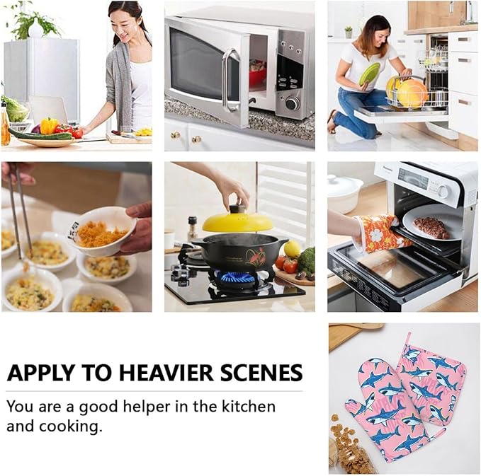 Funny Cartoon Shark Oven Mitts and Pot Holders Set of 4 Silicone Heat Resistant Oven Mitten Potholders Non Slip Gloves Kitchen Decor for BBQ Cooking Grilling Baking