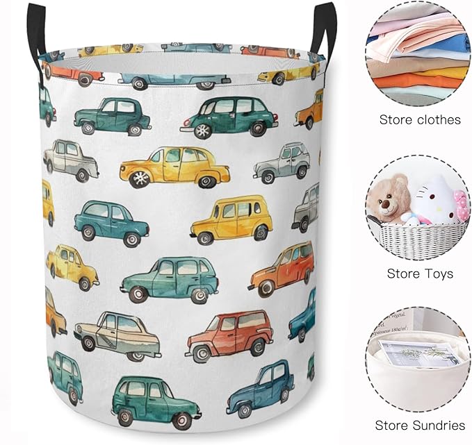 Laundry Basket Watercolor Cars Collapsible Laundry Hamper with Handles Clothes Storage Bin for Household Bedroom Bathroom College Dorms