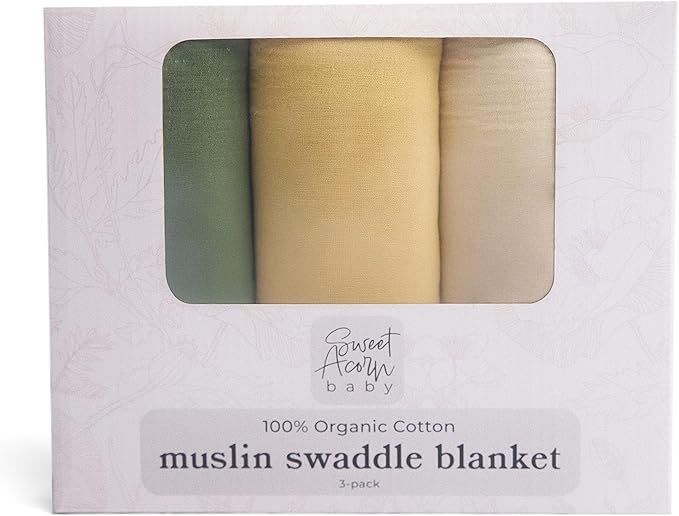 Sweet Acorn Muslin Swaddle Blanket – Soft Cotton Muslin Baby Blanket for Newborns, Infants, and Toddlers, All-Season Comfort Baby Essential - Green, Yellow, White
