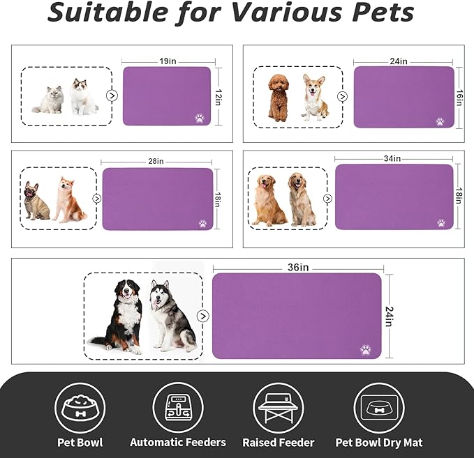 HotLive Dog Food Mat - Absorbent Cat Mat for Food and Water, No Stains Pet Feeding Bowl Mat, Easy to Clean Pet Placemats, Quick Dry Dog Water Dispenser Mat for Messy Drinkers | Paw Purple 18"x34"
