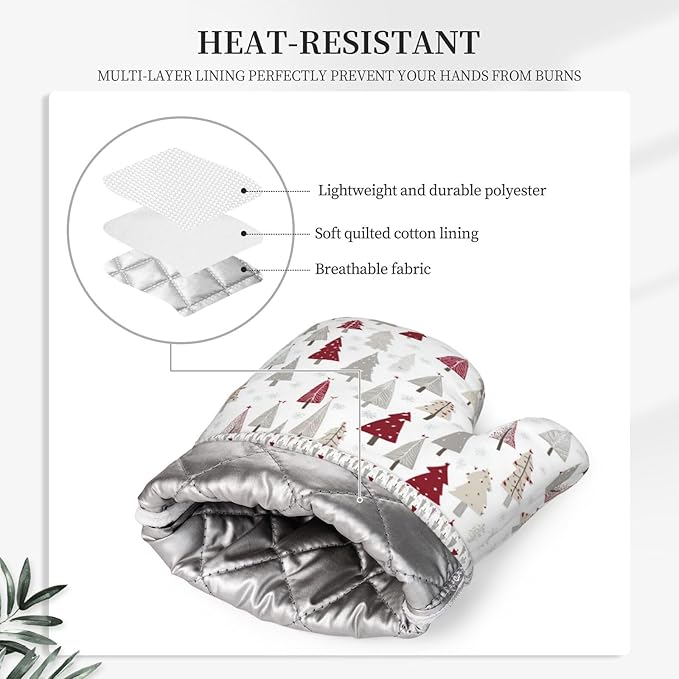 Oven Mitts Pot Holders Set Pine Tree Christmas Pattern Xmas Silicone Kitchen Gloves Potholders Heat Resistant for Chef Baking Cooking Grilling BBQ 4 Pack Mitt