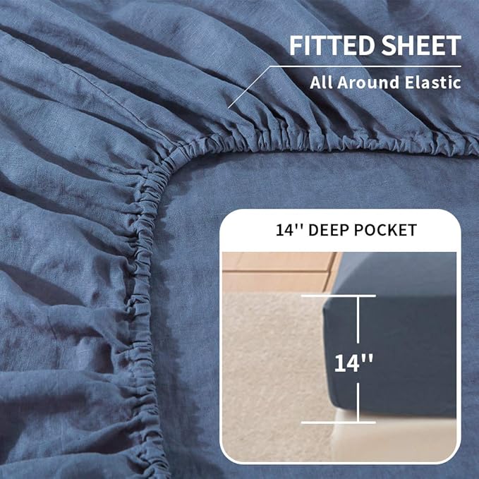 Simple&Opulence Belgian Linen Sheet Set Solid Color - 4 Pieces (1 Flat Sheet, 1 Fitted Sheet & 2 Pillowcases) Natural Flax Cotton Blend Soft Breathable Farmhouse Bedding - King Size, Classic Blue