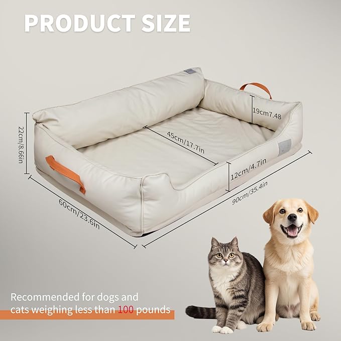 Removable Orthopedic Dog Beds for Large Dogs, Leather Memory Foam Dog Sofa Bed, Waterproof Durable Dogs Bed Couch with Non Skid Bottom for All Pet Sizes (Beige, Large)