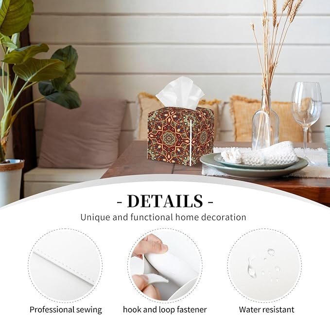 PVC Tissue Box Cover Holder,Mandala Square Decorative Organizer,5.2"X5.2"X5.2"Tissue Case for Bathroom,Tabletop,Car,Office