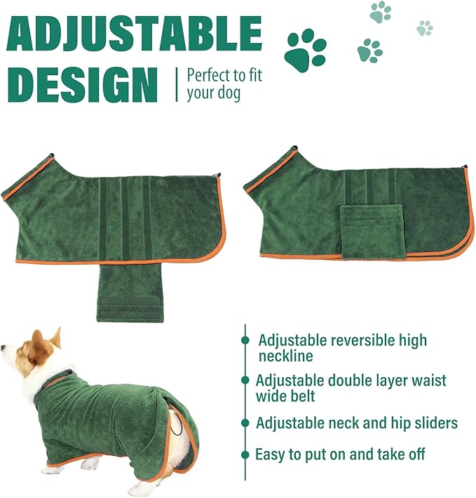 HhiMyOct Dog Drying Coat - Fast Drying Dog Towel Robe - Microfiber Super Absorbent Pet Bathrobe, Adjustable Collar & Belly Strap Pet Coat Pet Bath Robe Towel (Large, Green)