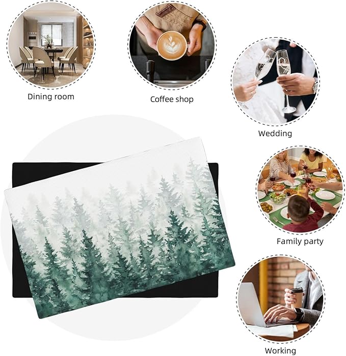 Forest Placemats, Vintage Rustic Watercolour Natural Green Misty Valley Forest Print Washable Fabric Placemats Table Kitchen Dining Party 12x18 Inch Set of 4