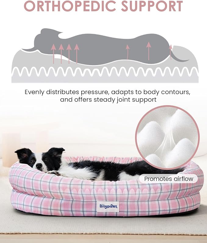 bilypaws Orthopedic Dog Bed for Small Dogs, Pet Sofa Bed with Egg Crate Foam, 4-Sided Bolster, Removable Washable Cover & Anti-Slip Bottom, Small Pink Plaid