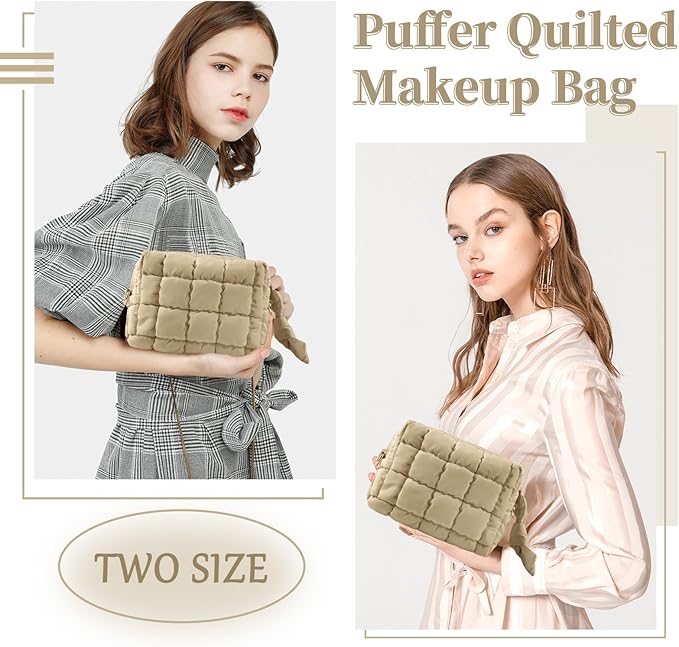Puffer Quilted Makeup Bag Cosmetic Bags,Puffy Travel Toiletry Pouch for Women,Cute Checkered Zipper Bag Travel Essential,Portable Aesthetic Make up Organizer Bag for Gifts Work Daily(Khaki,S)