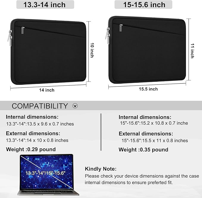 Laptop Sleeve Case 13.3 Inch, Durable 14 Inch Laptop Case Computer Carrying Bag Protective Cover Compatible with 13 14 inch MacBook Pro, MacBook Air, Dell, HP, Lenovo, Notebook, Computer, Black