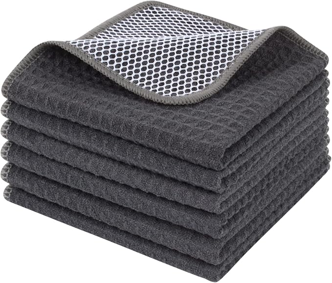 KinHwa Kitchen Washcloths for Dishes Absorbent Microfiber Dish Cloths Quick Dry Dish Rags with Poly Scour Scrub Side Ideal for Kitchen Cleaning (Grag-B, 12inchx12inch 6 Pack)